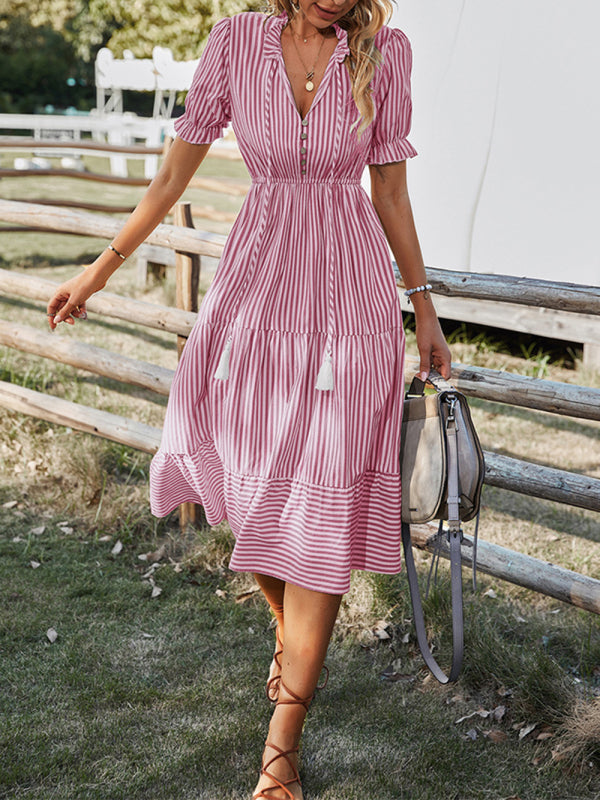 Ella's Striped V-Neck Empire Waist Midi Dress with Tie BLUE ZONE PLANET