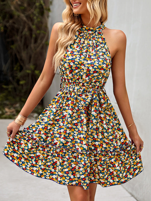 Halter Neck Print Sleeveless Resort Swing Dress kakaclo