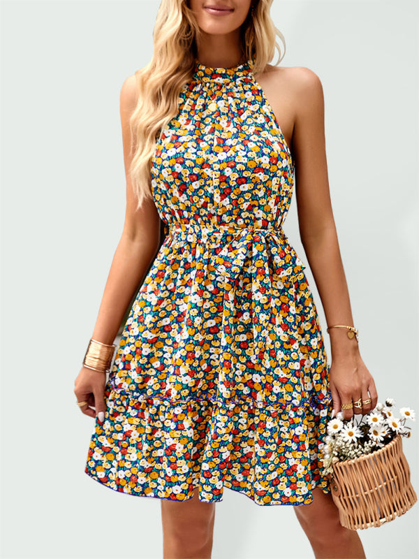 Halter Neck Print Sleeveless Resort Swing Dress kakaclo