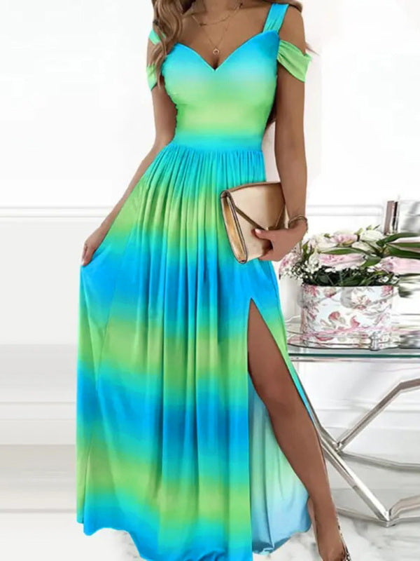 long dress printed V-neck sleeveless slit dress kakaclo