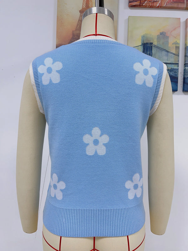 Blue Zone Planet | Contrasting Color Jacquard V-Neck Sleeveless Knit Tank Top BLUE ZONE PLANET