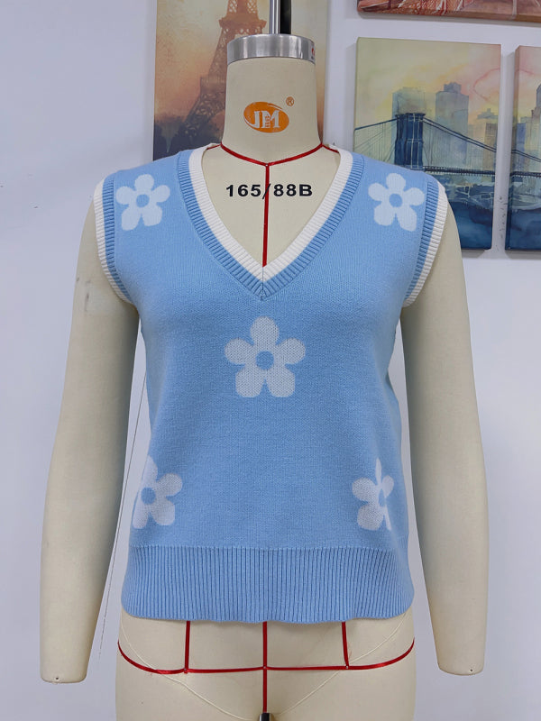 Blue Zone Planet | Contrasting Color Jacquard V-Neck Sleeveless Knit Tank Top BLUE ZONE PLANET