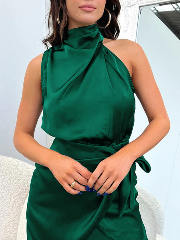 Blue Zone Planet | woven halter neck high-quality satin strap slim-fit celebrity mini dress kakaclo
