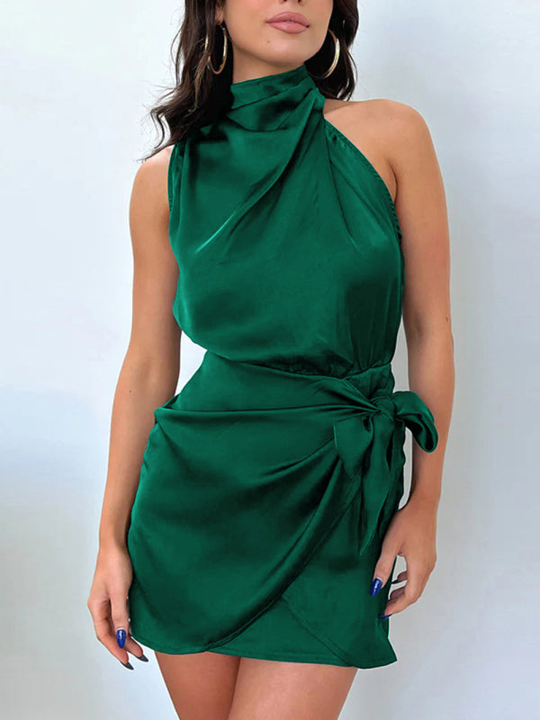 Blue Zone Planet | woven halter neck high-quality satin strap slim-fit celebrity mini dress kakaclo
