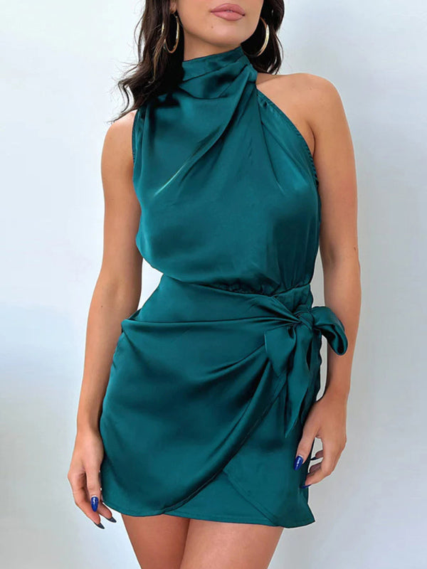 Blue Zone Planet | woven halter neck high-quality satin strap slim-fit celebrity mini dress kakaclo