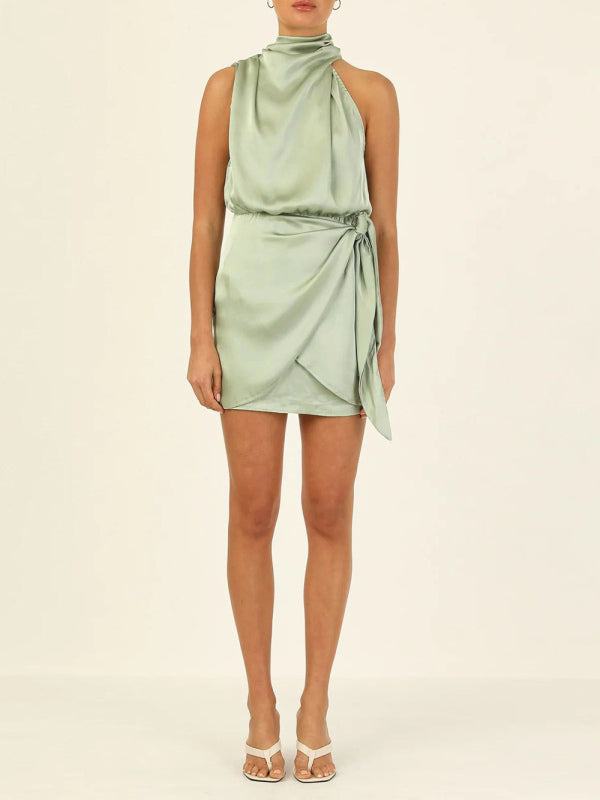 Blue Zone Planet | woven halter neck high-quality satin strap slim-fit celebrity mini dress kakaclo
