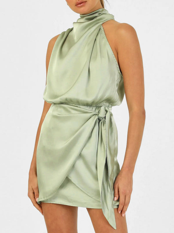 Blue Zone Planet | woven halter neck high-quality satin strap slim-fit celebrity mini dress kakaclo