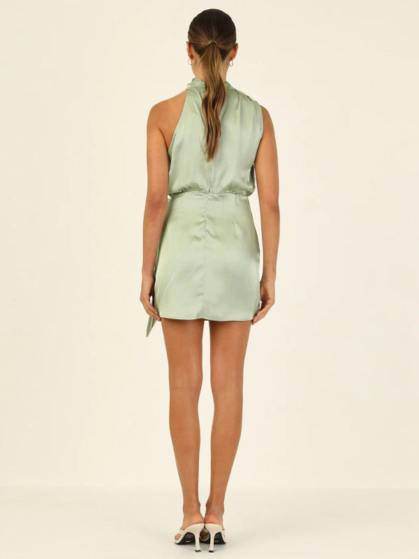 Blue Zone Planet | woven halter neck high-quality satin strap slim-fit celebrity mini dress kakaclo