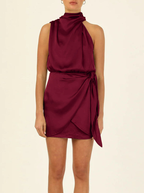 Blue Zone Planet | woven halter neck high-quality satin strap slim-fit celebrity mini dress kakaclo