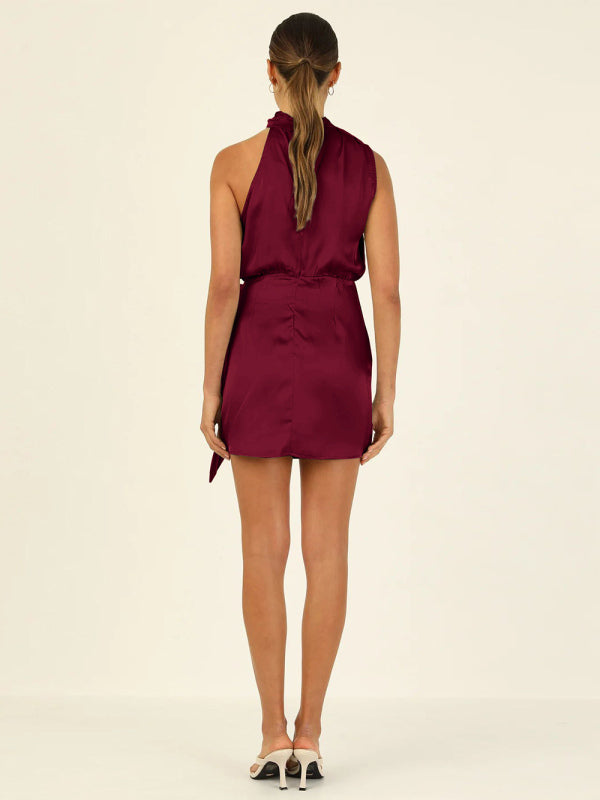 Blue Zone Planet | woven halter neck high-quality satin strap slim-fit celebrity mini dress kakaclo