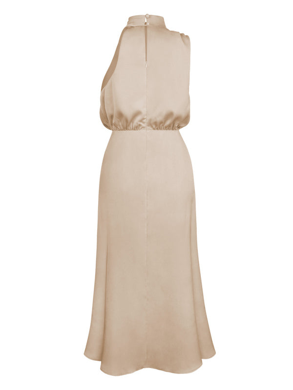 woven halter neck high-quality satin strap slim-fit celebrity mid-length dress kakaclo