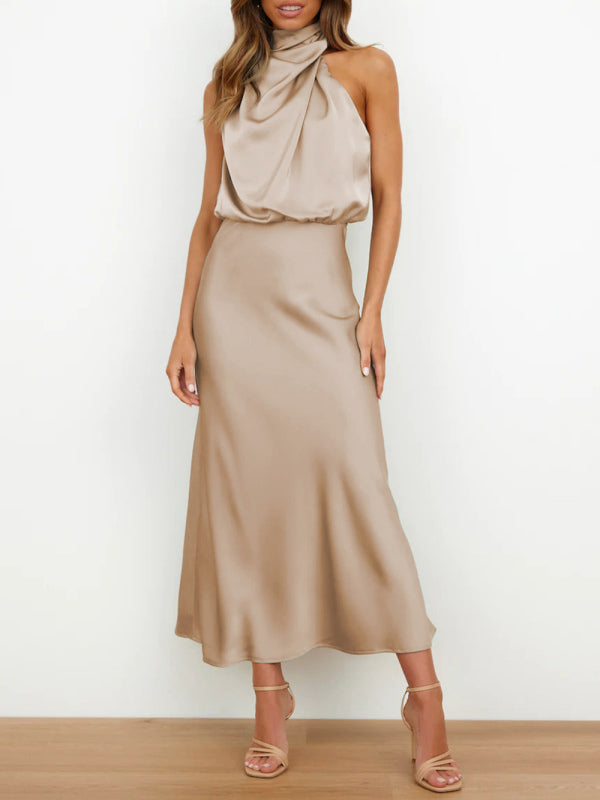 woven halter neck high-quality satin strap slim-fit celebrity mid-length dress kakaclo