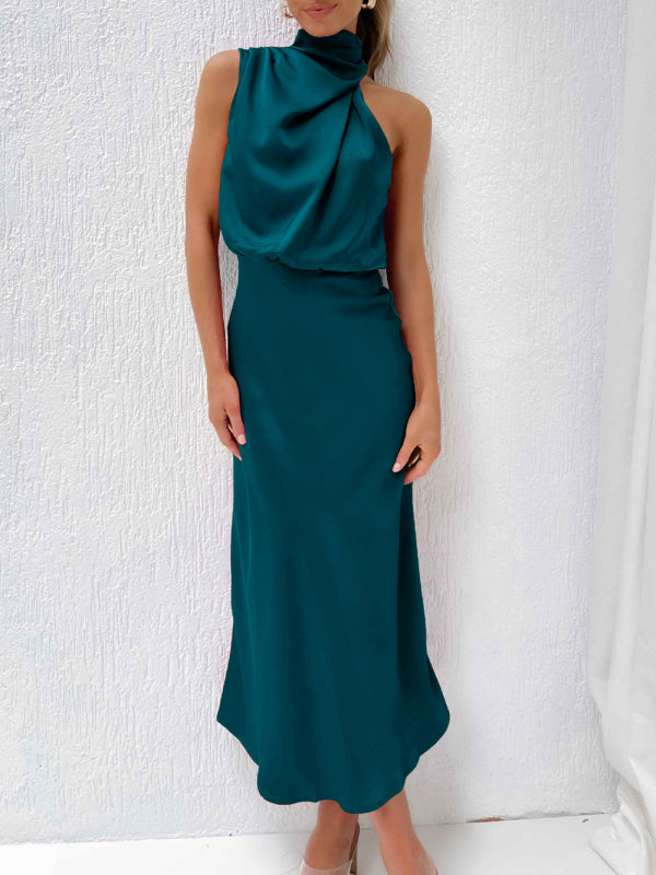woven halter neck high-quality satin strap slim-fit celebrity mid-length dress kakaclo