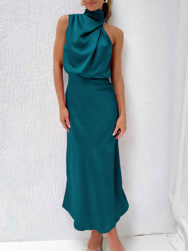 woven halter neck high-quality satin strap slim-fit celebrity mid-length dress kakaclo