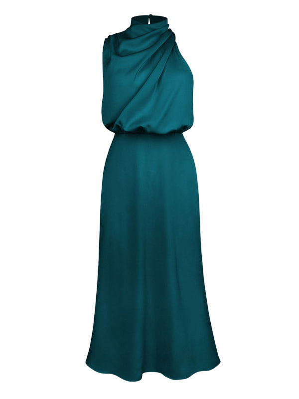 woven halter neck high-quality satin strap slim-fit celebrity mid-length dress kakaclo