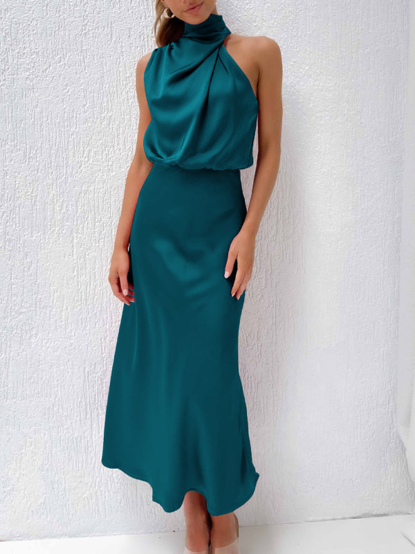 woven halter neck high-quality satin strap slim-fit celebrity mid-length dress kakaclo