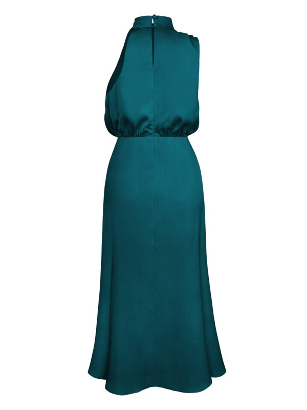 woven halter neck high-quality satin strap slim-fit celebrity mid-length dress kakaclo