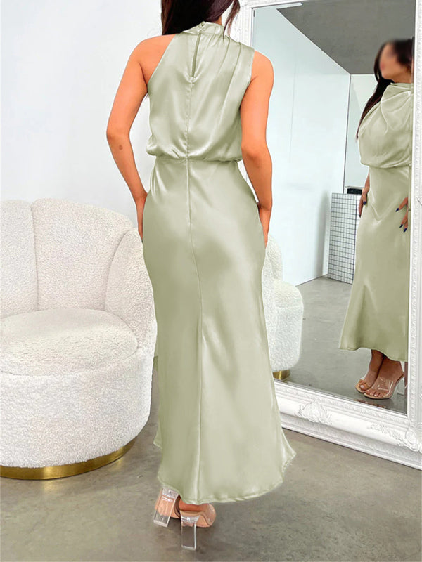 woven halter neck high-quality satin strap slim-fit celebrity mid-length dress kakaclo