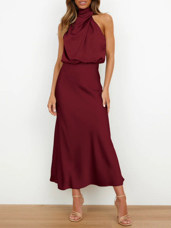 woven halter neck high-quality satin strap slim-fit celebrity mid-length dress kakaclo