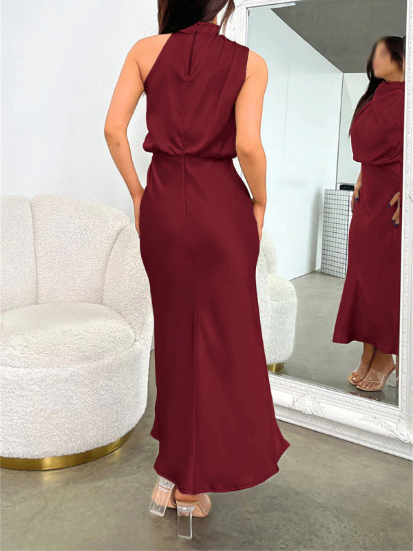 woven halter neck high-quality satin strap slim-fit celebrity mid-length dress kakaclo