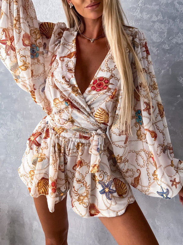 Blue Zone Planet | woven floral long-sleeved shorts V-neck tropical rainforest jumpsuit BLUE ZONE PLANET