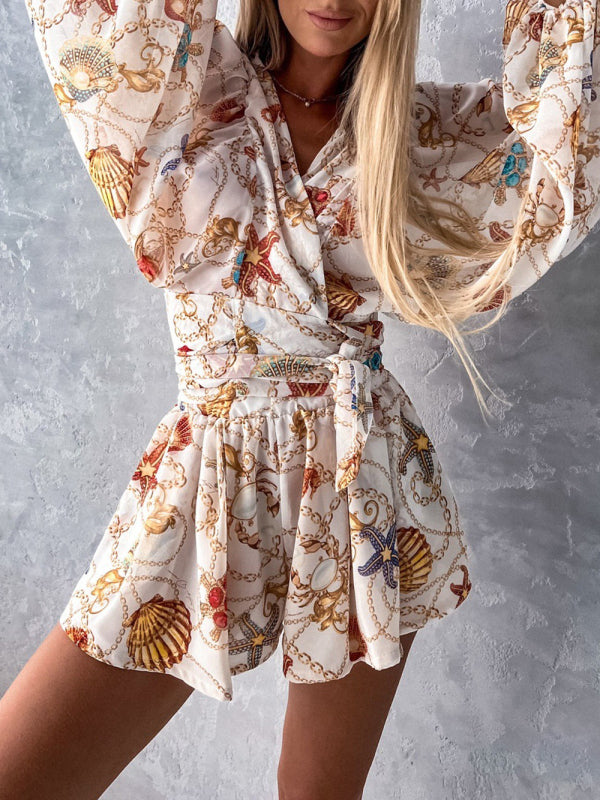 Blue Zone Planet | woven floral long-sleeved shorts V-neck tropical rainforest jumpsuit BLUE ZONE PLANET