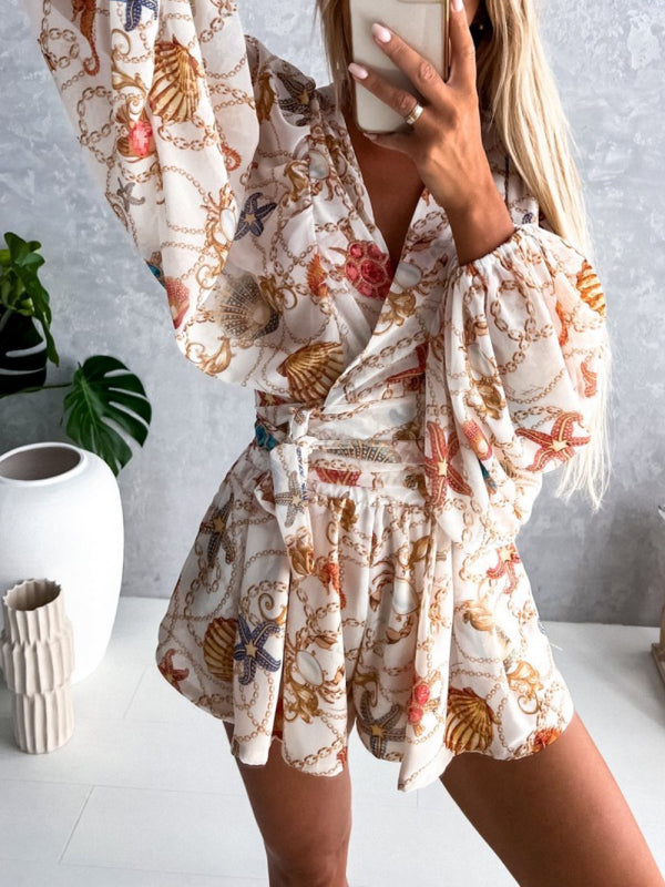 Blue Zone Planet | woven floral long-sleeved shorts V-neck tropical rainforest jumpsuit BLUE ZONE PLANET