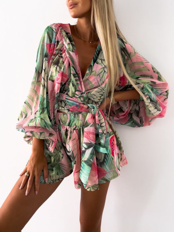 Blue Zone Planet | woven floral long-sleeved shorts V-neck tropical rainforest jumpsuit BLUE ZONE PLANET