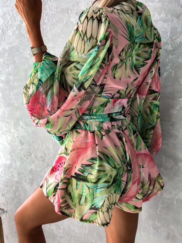 Blue Zone Planet | woven floral long-sleeved shorts V-neck tropical rainforest jumpsuit BLUE ZONE PLANET