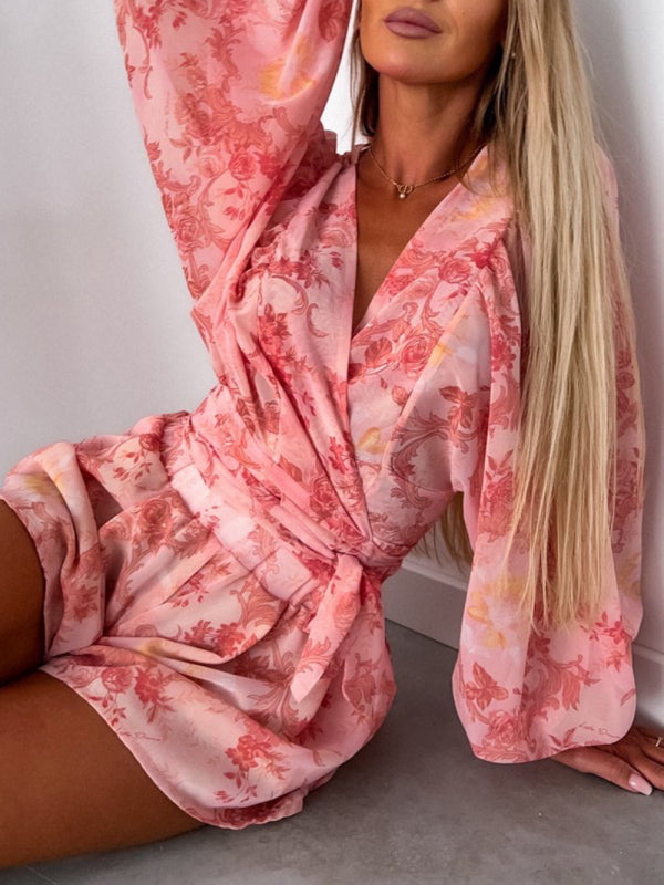 Blue Zone Planet | woven floral long-sleeved shorts V-neck tropical rainforest jumpsuit BLUE ZONE PLANET