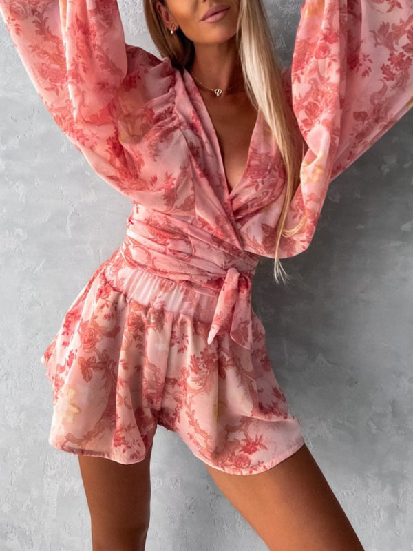 Blue Zone Planet | woven floral long-sleeved shorts V-neck tropical rainforest jumpsuit BLUE ZONE PLANET