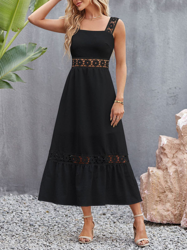 Blue Zone Planet | New style solid color hollow lace stitching square collar sleeveless suspender dress kakaclo