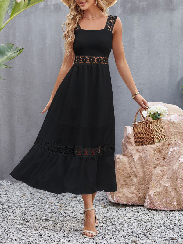 Blue Zone Planet | New style solid color hollow lace stitching square collar sleeveless suspender dress kakaclo