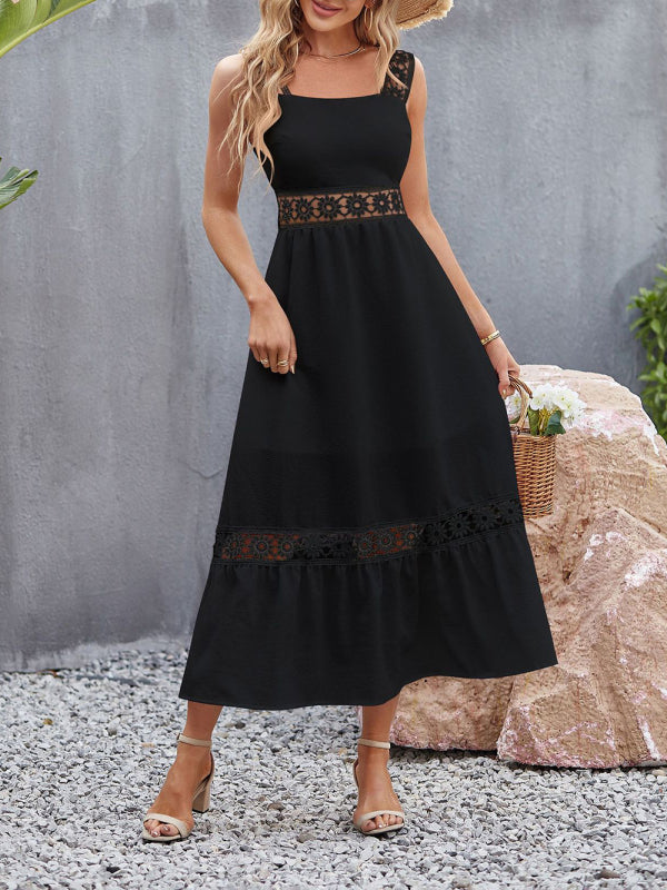 Blue Zone Planet | New style solid color hollow lace stitching square collar sleeveless suspender dress kakaclo