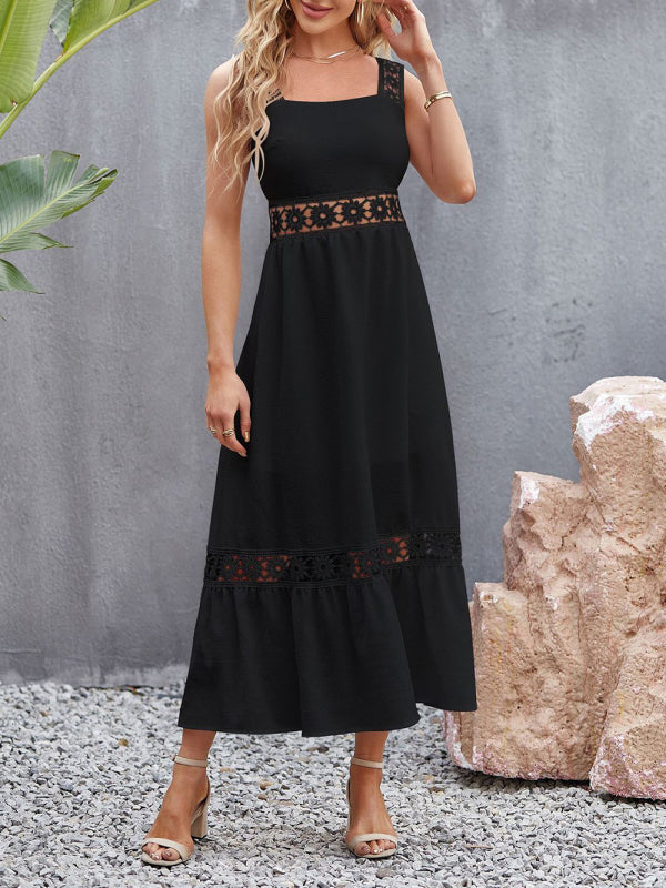 Blue Zone Planet | New style solid color hollow lace stitching square collar sleeveless suspender dress kakaclo