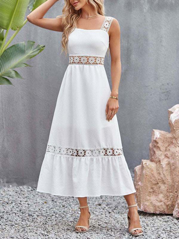 Blue Zone Planet | New style solid color hollow lace stitching square collar sleeveless suspender dress kakaclo