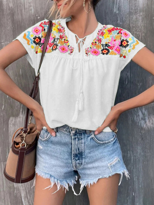 Embroidered tassel tie collar batwing sleeve shirt women kakaclo