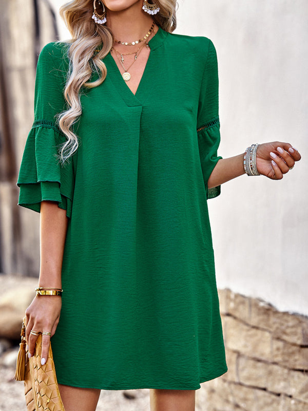 casual style solid color loose V-neck skirt kakaclo