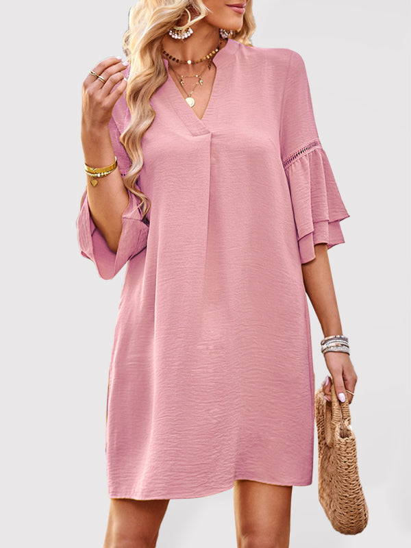 casual style solid color loose V-neck skirt kakaclo