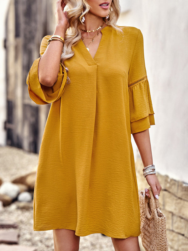 casual style solid color loose V-neck skirt kakaclo