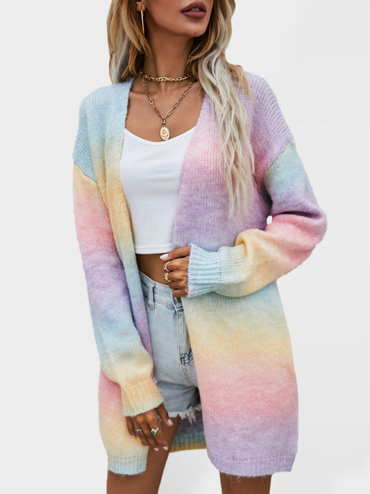 Sweater Rainbow Tie-Dye Mid-Length Oversized Cardigan Pocket Knit Jacket kakaclo