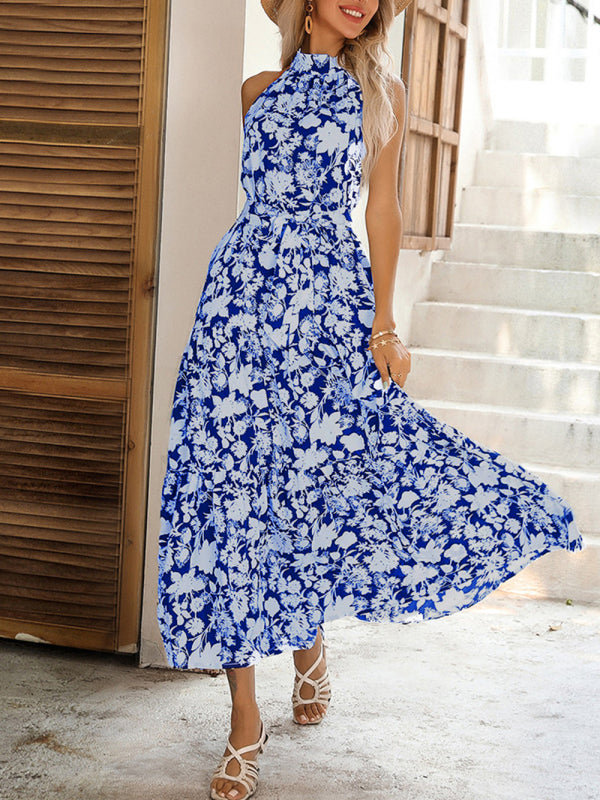 Summer French Halter Neck Sleeveless Slit Print Dress BLUE ZONE PLANET