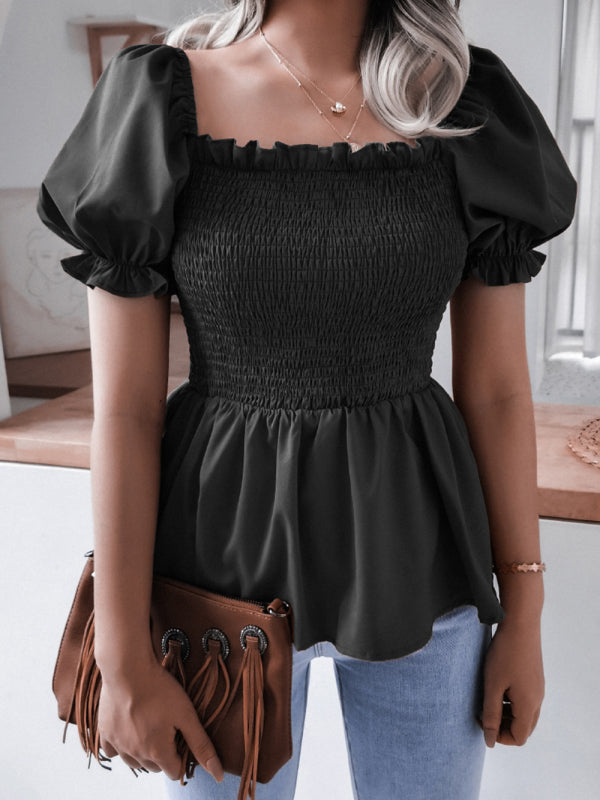 Ella's Balloon Sleeve Ruffle Hem Chiffon Shirt BLUE ZONE PLANET