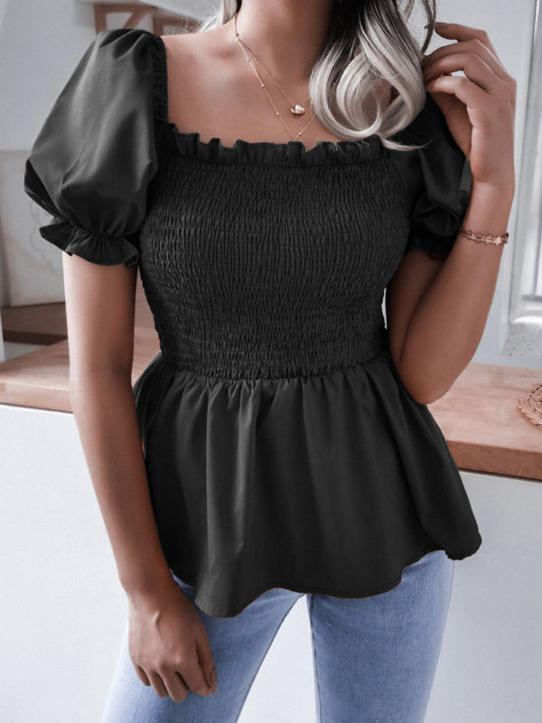 Ella's Balloon Sleeve Ruffle Hem Chiffon Shirt BLUE ZONE PLANET