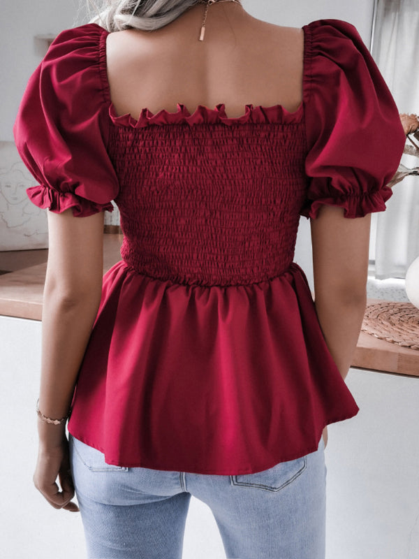 Ella's Balloon Sleeve Ruffle Hem Chiffon Shirt BLUE ZONE PLANET