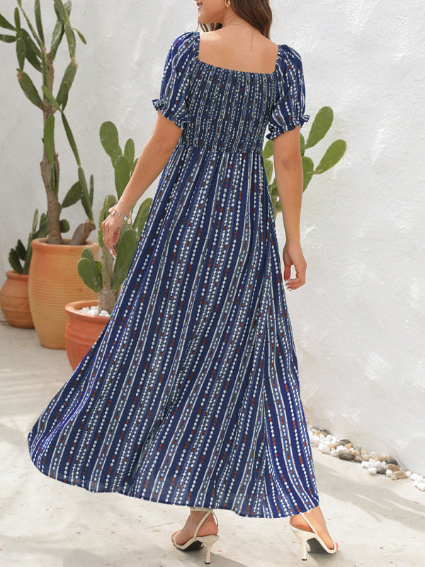Blue Zone Planet | Vertical Stripe Printed Slit Dress One Shoulder Holiday Dress kakaclo