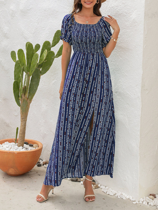 Blue Zone Planet | Vertical Stripe Printed Slit Dress One Shoulder Holiday Dress kakaclo