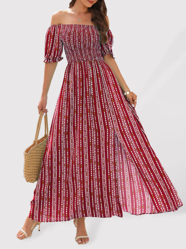 Blue Zone Planet | Vertical Stripe Printed Slit Dress One Shoulder Holiday Dress kakaclo