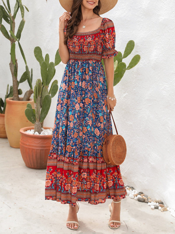 Boho Beach Vacation Dress Off-Shoulder Puff Sleeve Floral Midi Dress kakaclo