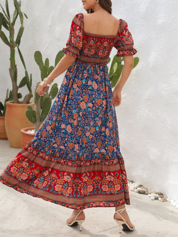 Boho Beach Vacation Dress Off-Shoulder Puff Sleeve Floral Midi Dress kakaclo